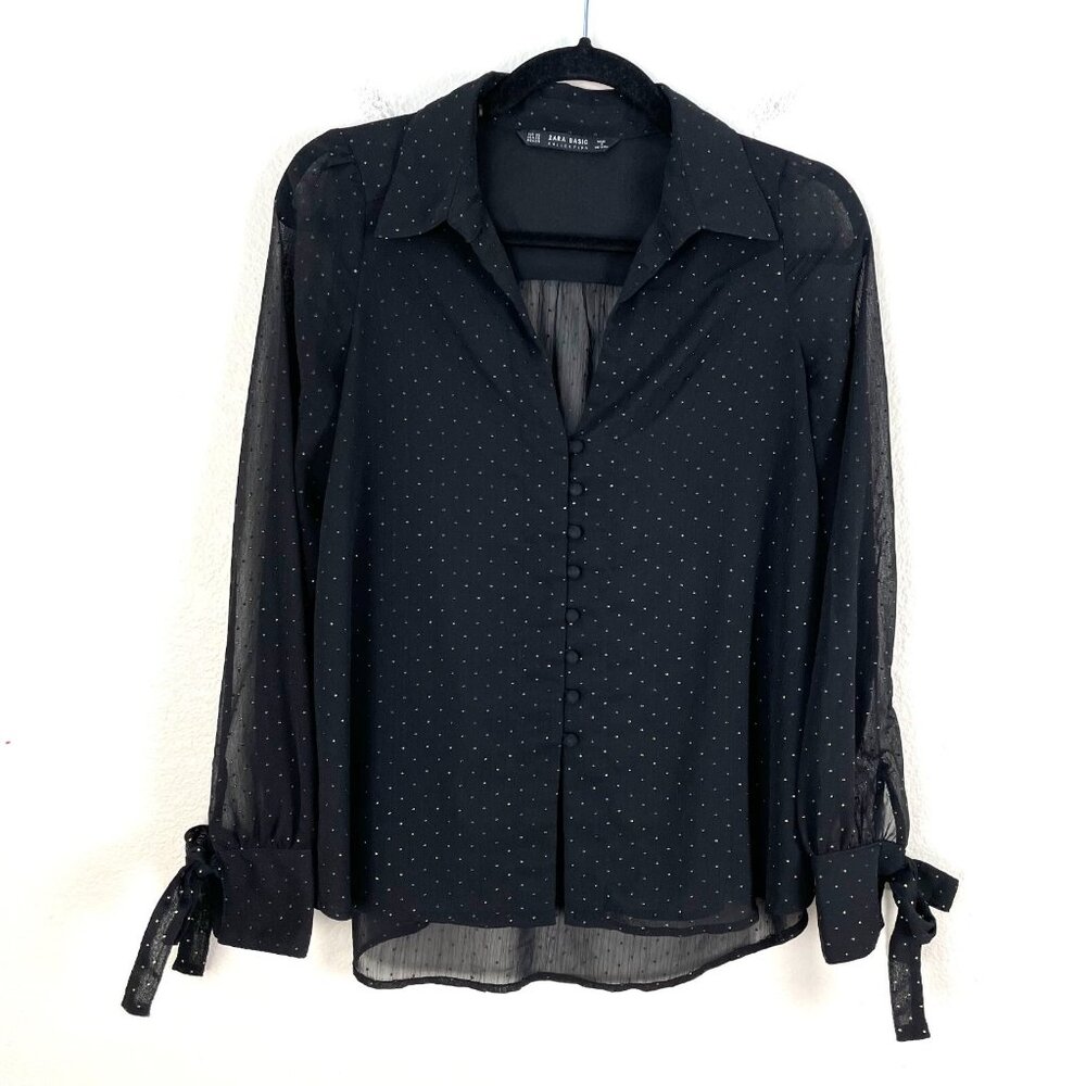 Zara Womens XS‎ Black Sheer Button Up Blouse Long Sleeve Shirt Top - Picture 8 of 16
